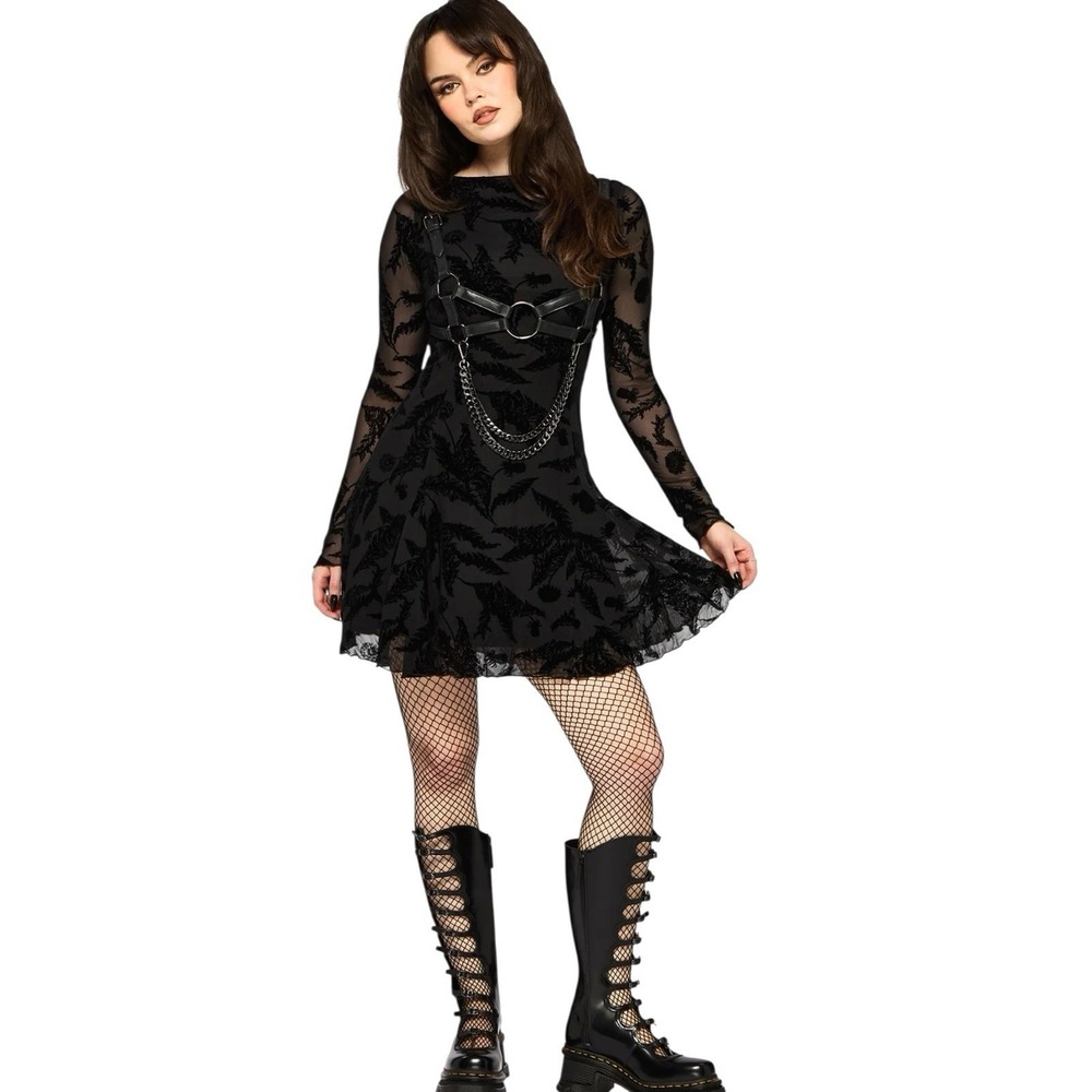 Disturbia Cimora Dandelion Flocked Mesh Mini Dress Black Gothic Floral Small